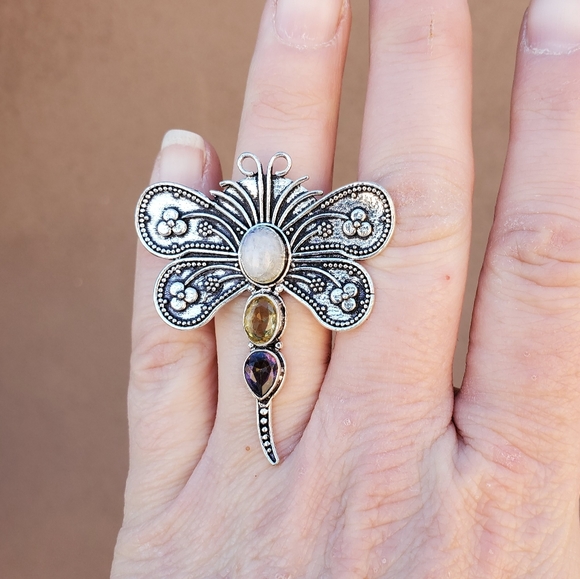 New Multi Gemstone 925 Silver Dragonfly Ring. - Picture 8 of 13